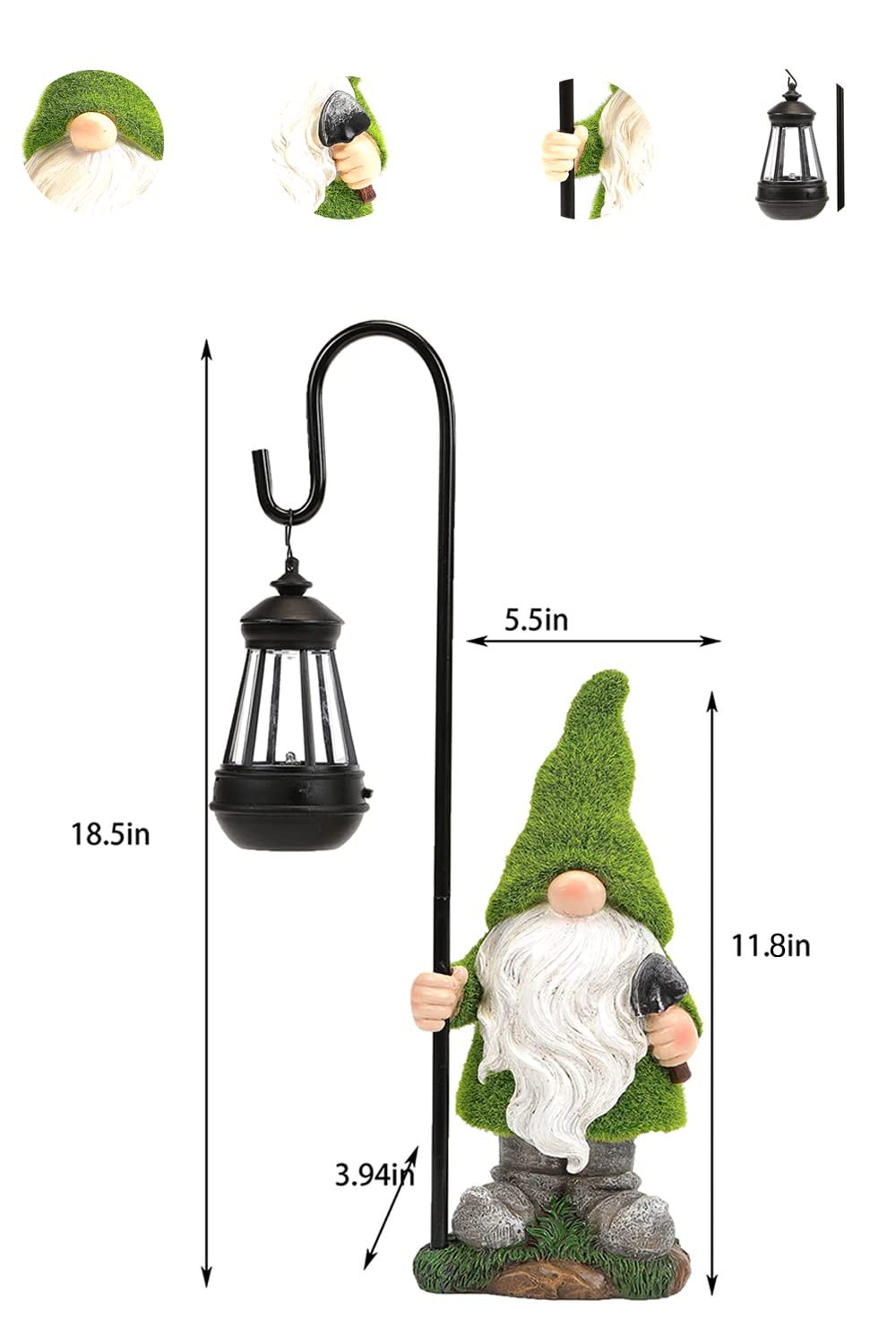 12IN Garden Sculptures & Statues Garden Gnomes Statue with Solar Lights