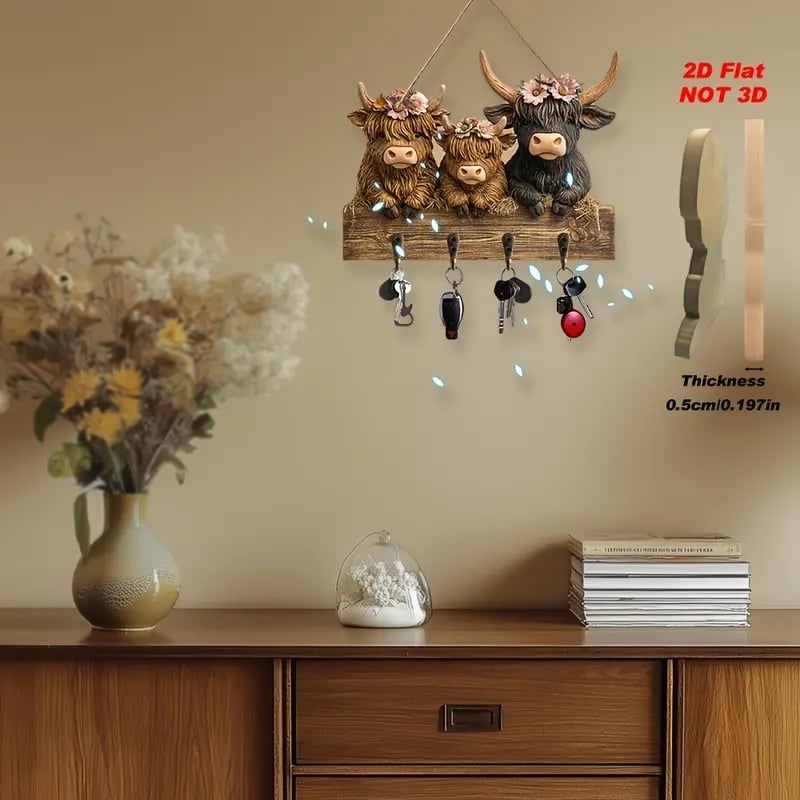 2D Rustic Highland Cow Wooden Ornament 🐮 | 9.8"x7.48" Hanging Decor with 3 Hooks | Easter/Christmas Gift for Animal Lovers 🌿