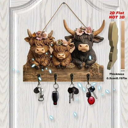 2D Rustic Highland Cow Wooden Ornament 🐮 | 9.8"x7.48" Hanging Decor with 3 Hooks | Easter/Christmas Gift for Animal Lovers 🌿