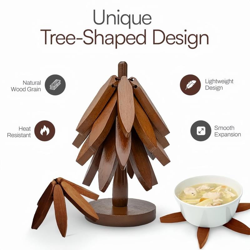 Natural Tree Trivet Set- 4 Trivets & 1 Stand - Heat-Resistant Foldable Design