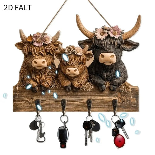 2D Rustic Highland Cow Wooden Ornament 🐮 | 9.8"x7.48" Hanging Decor with 3 Hooks | Easter/Christmas Gift for Animal Lovers 🌿