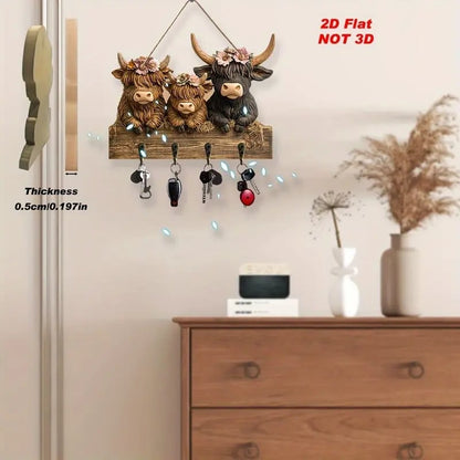 2D Rustic Highland Cow Wooden Ornament 🐮 | 9.8"x7.48" Hanging Decor with 3 Hooks | Easter/Christmas Gift for Animal Lovers 🌿