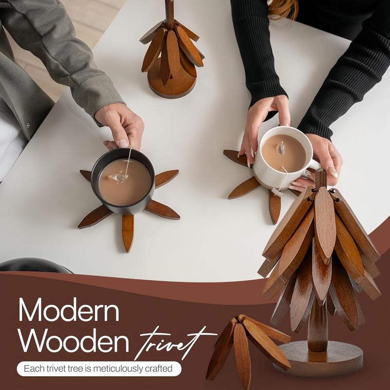 Natural Tree Trivet Set- 4 Trivets & 1 Stand - Heat-Resistant Foldable Design