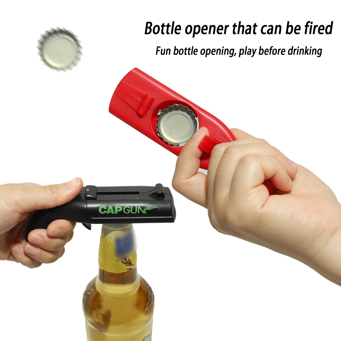 2-in-1 Cap Gun Bottle Opener | Fun Beer Cap Launcher for Parties, BBQs & Bars