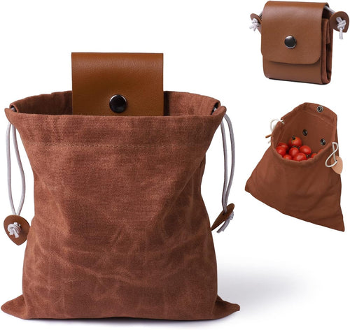 Foraging Bag, Outdoor Picking Fruit Bags, Waxed Canvas Foraging Pouch, Foldable Leather Belt Pouch with Drawstring Multi-Purpose Picking Bag for Camping, Shells, Treasures, Travel, Hiking