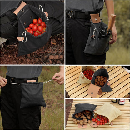 Foraging Bag, Outdoor Picking Fruit Bags, Waxed Canvas Foraging Pouch, Foldable Leather Belt Pouch with Drawstring Multi-Purpose Picking Bag for Camping, Shells, Treasures, Travel, Hiking