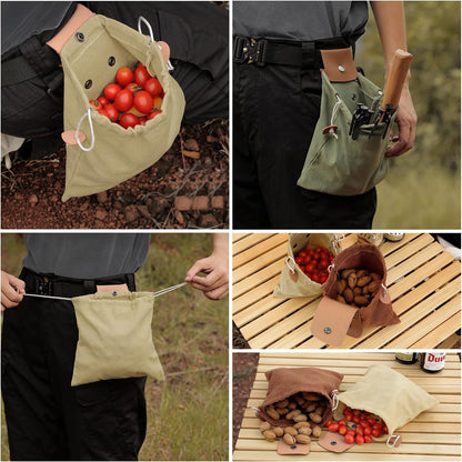 Foraging Bag, Outdoor Picking Fruit Bags, Waxed Canvas Foraging Pouch, Foldable Leather Belt Pouch with Drawstring Multi-Purpose Picking Bag for Camping, Shells, Treasures, Travel, Hiking