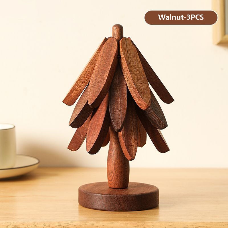 Natural Tree Trivet Set- 4 Trivets & 1 Stand - Heat-Resistant Foldable Design