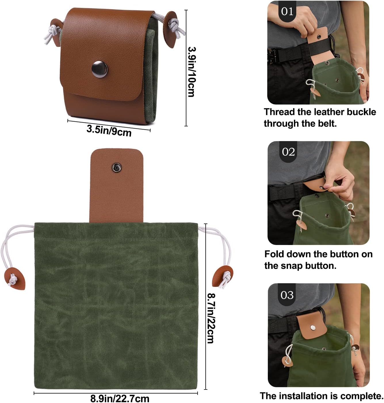 Foraging Bag, Outdoor Picking Fruit Bags, Waxed Canvas Foraging Pouch, Foldable Leather Belt Pouch with Drawstring Multi-Purpose Picking Bag for Camping, Shells, Treasures, Travel, Hiking