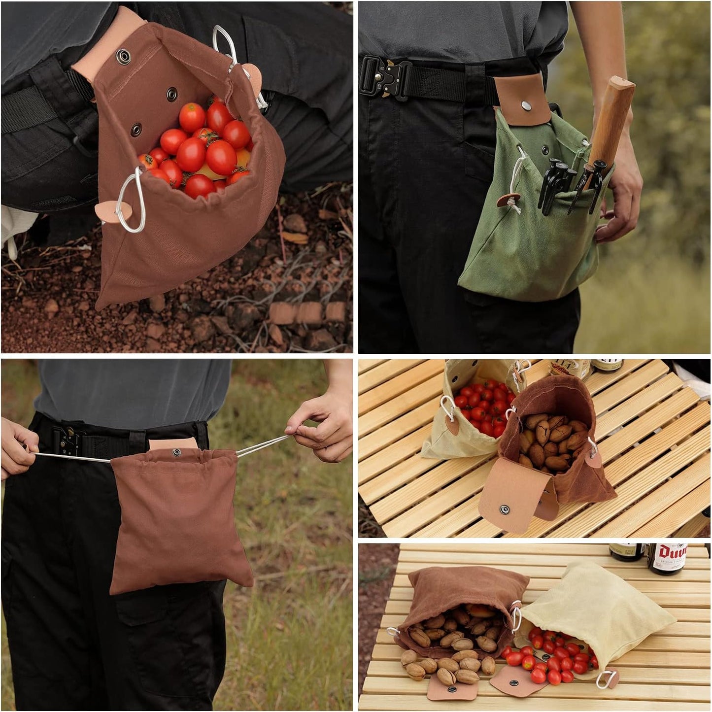 Foraging Bag, Outdoor Picking Fruit Bags, Waxed Canvas Foraging Pouch, Foldable Leather Belt Pouch with Drawstring Multi-Purpose Picking Bag for Camping, Shells, Treasures, Travel, Hiking