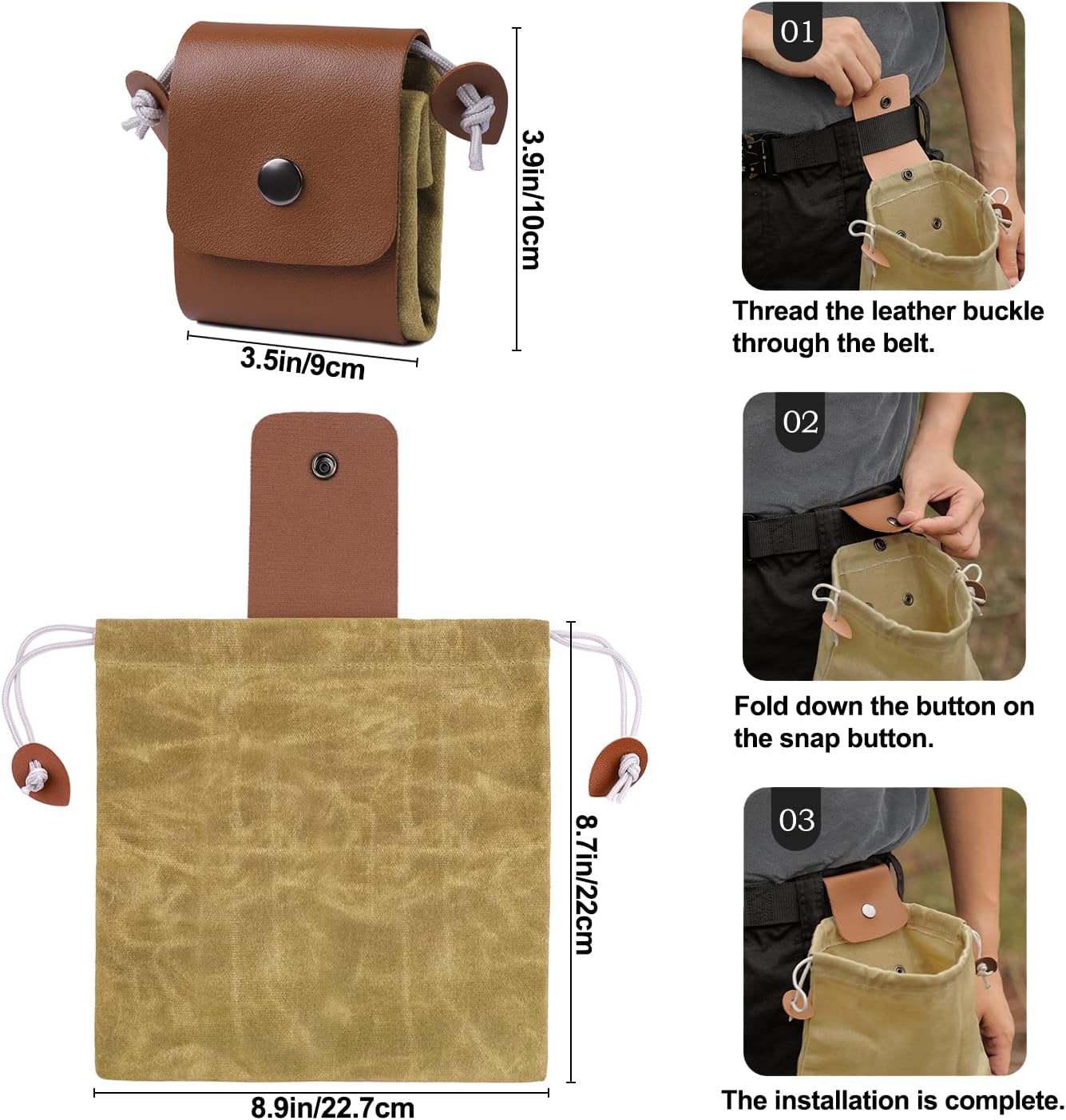 Foraging Bag, Outdoor Picking Fruit Bags, Waxed Canvas Foraging Pouch, Foldable Leather Belt Pouch with Drawstring Multi-Purpose Picking Bag for Camping, Shells, Treasures, Travel, Hiking