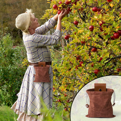 Foraging Bag, Outdoor Picking Fruit Bags, Waxed Canvas Foraging Pouch, Foldable Leather Belt Pouch with Drawstring Multi-Purpose Picking Bag for Camping, Shells, Treasures, Travel, Hiking