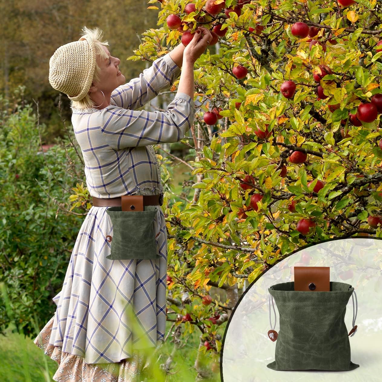 Foraging Bag, Outdoor Picking Fruit Bags, Waxed Canvas Foraging Pouch, Foldable Leather Belt Pouch with Drawstring Multi-Purpose Picking Bag for Camping, Shells, Treasures, Travel, Hiking