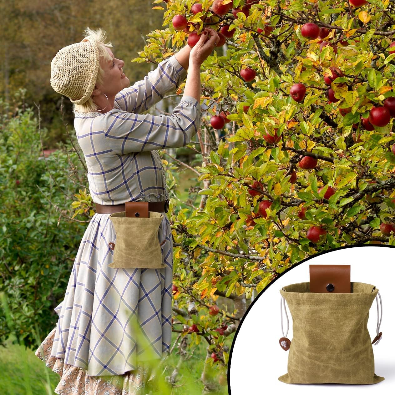 Foraging Bag, Outdoor Picking Fruit Bags, Waxed Canvas Foraging Pouch, Foldable Leather Belt Pouch with Drawstring Multi-Purpose Picking Bag for Camping, Shells, Treasures, Travel, Hiking