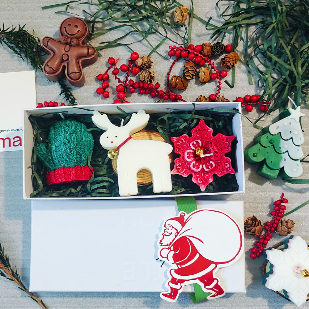 Creative Christmas Scented Candle Set – Gingerbread Man, Snowflake & Tree Design with Wooden Tray | Holiday Home Decor & Gift Idea
