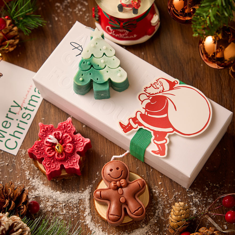 Creative Christmas Scented Candle Set – Gingerbread Man, Snowflake & Tree Design with Wooden Tray | Holiday Home Decor & Gift Idea