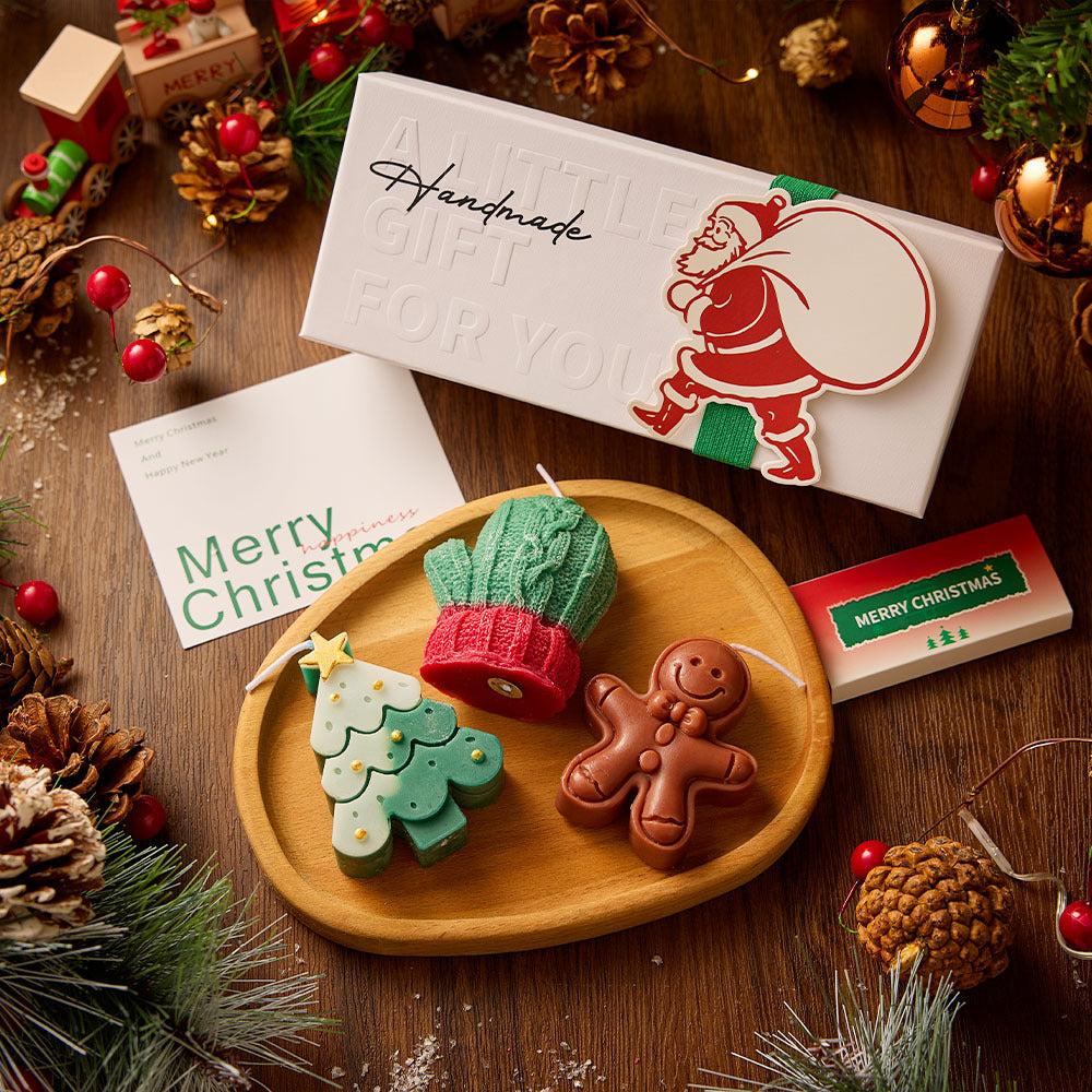 Creative Christmas Scented Candle Set – Gingerbread Man, Snowflake & Tree Design with Wooden Tray | Holiday Home Decor & Gift Idea