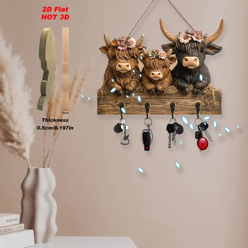 2D Rustic Highland Cow Wooden Ornament 🐮 | 9.8"x7.48" Hanging Decor with 3 Hooks | Easter/Christmas Gift for Animal Lovers 🌿