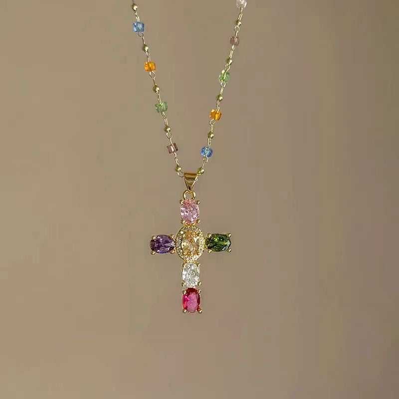 Rainbow Cross Pendant Necklace - Dainty Multicolor Faith Cross Necklace
