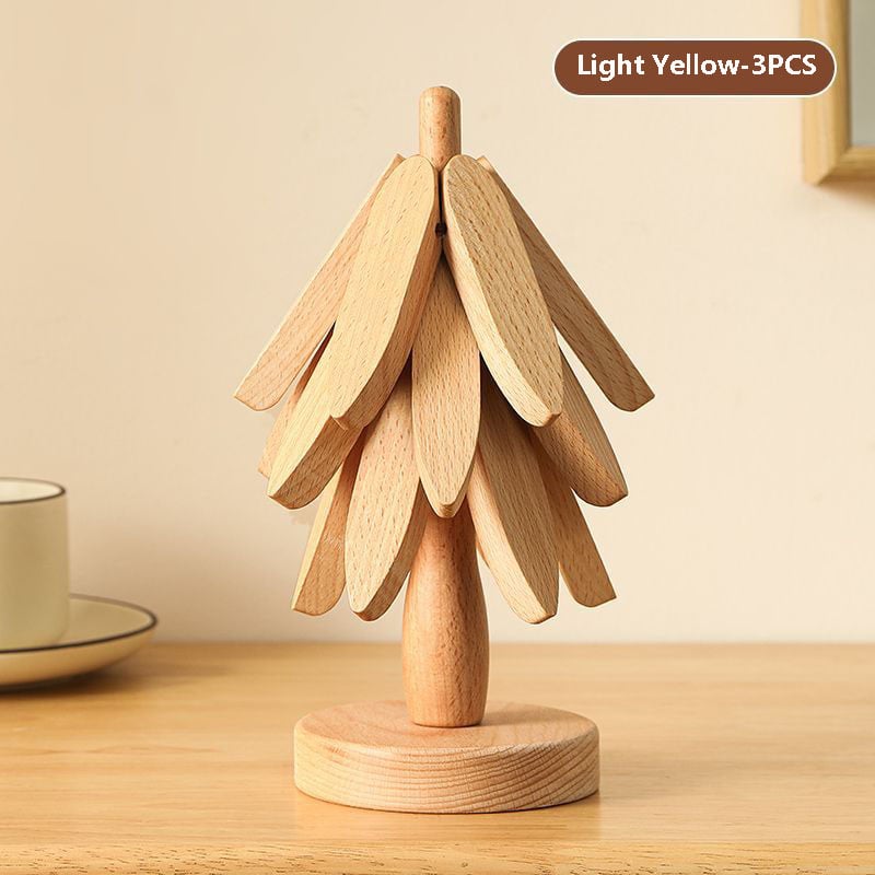 Natural Tree Trivet Set- 4 Trivets & 1 Stand - Heat-Resistant Foldable Design