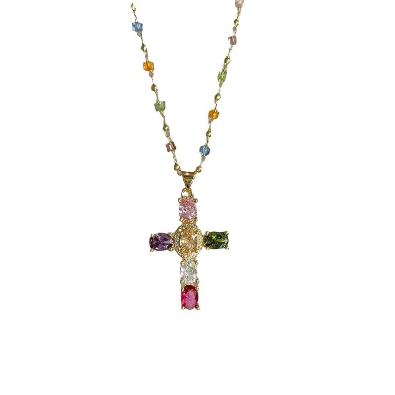 Rainbow Cross Pendant Necklace - Dainty Multicolor Faith Cross Necklace