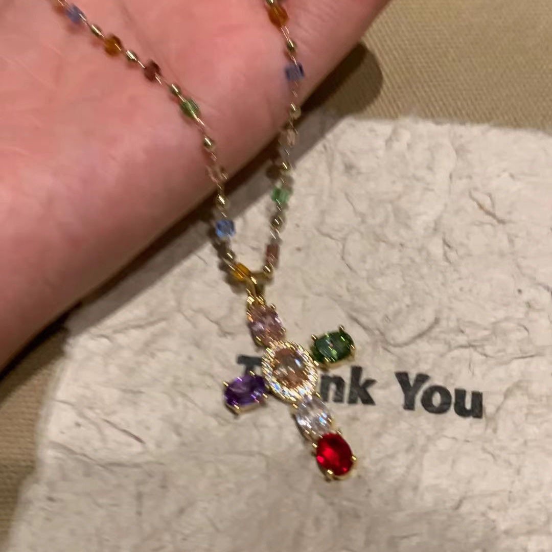 Rainbow Cross Pendant Necklace - Dainty Multicolor Faith Cross Necklace